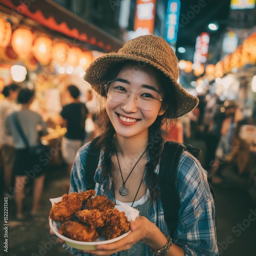 Korean backpacker smiling with Taiwanese fried chicken, shallow depth focus
