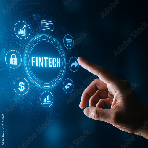 AI generated image of a hand interacting with a glowing holographic fintech interface displaying icons for finance security ewallet blockchain and analytics representing digital transformation