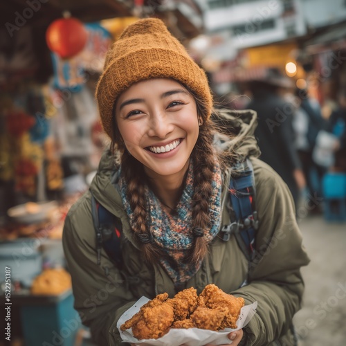 Korean backpacker smiling with Taiwanese fried chicken, shallow depth focus