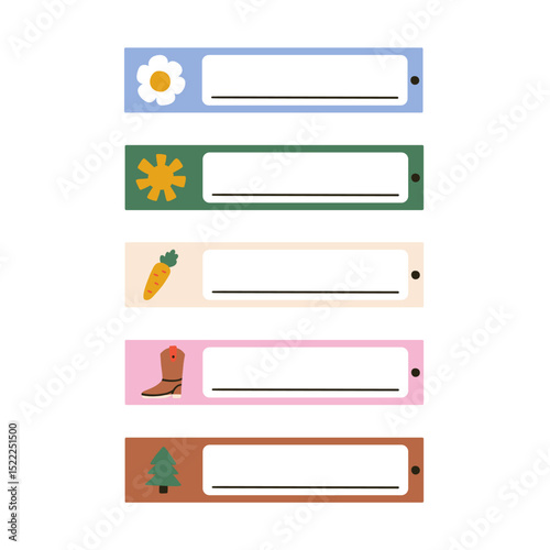 School name tag childish sticker set. Cute kid frame notebook name tag collection. Vector hand drawn illustration