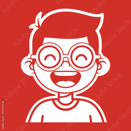 Happy Boy Cartoon Illustration with Glasses on Red Background