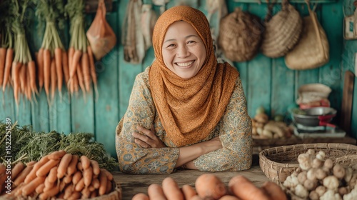 Muslim woman selling fresh vegetables in Malaysia under natural light with copy space
