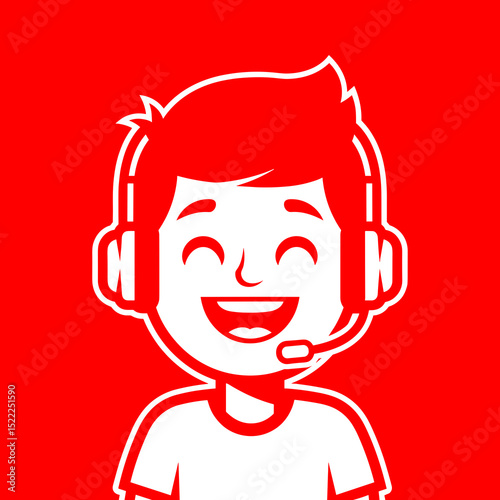 Happy Cartoon Boy Wearing Headset Against Red Background