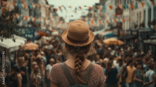 Parisian Tourist at Street Festival with Soft Colors and Copy Space