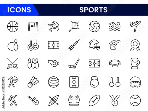 Energetic vector web line icons depicting sports equipment, activities, fitness, competition, and dynamic athletic performance for enthusiasts.