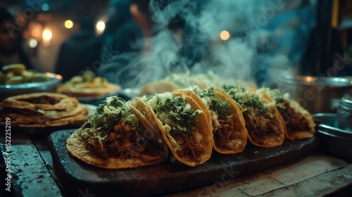 Gritty yet minimalist Bronx street vendor cooking tacos with branding copy space