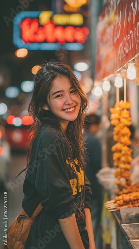 Thai girl smiling with skewered street food against neon bokeh, perfect vertical composition for social media