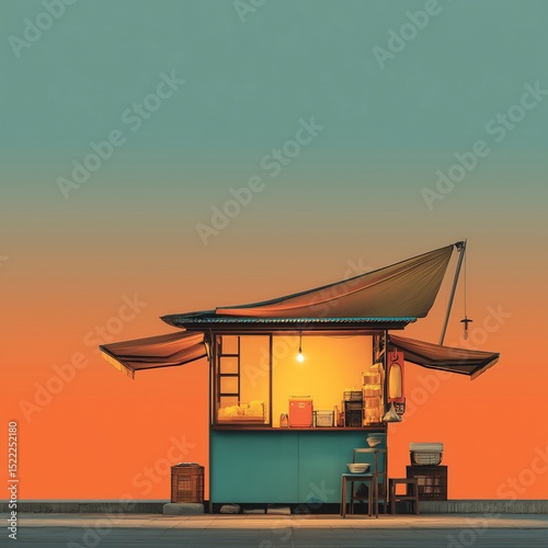 Minimalist Thai Street Food Market Stall with Warm Lighting