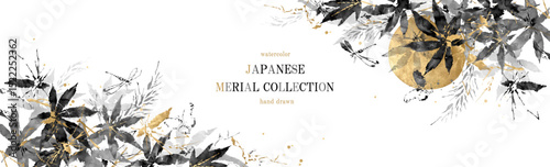 十五夜, お月見, 中秋の名月, 紅葉, 秋, もみじ, ベクター, 背景, フレーム, 水墨画, 水彩, 筆, 筆書き, 金箔, 和風, 和柄, 和, 金, ゴールド, 月光, ビジネス, イラスト