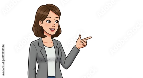 A woman in a business suit, pointing her finger with a smile on her face