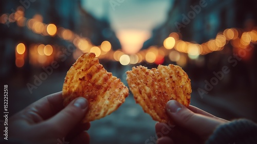 Young couple enjoying potato chips, close-up of their hands holding food with a beautiful bokeh street background