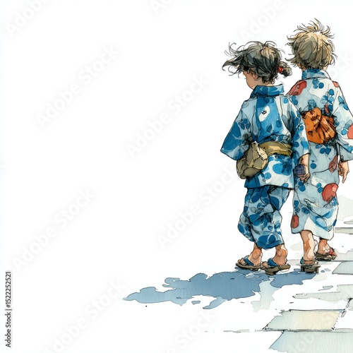 Watercolor illustration of children in yukata at a Japanese festival, elegant patterns with ample white space for design