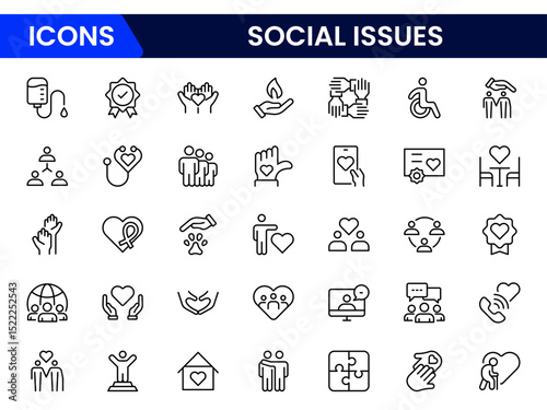 Impactful vector web line icons depicting social issues, equality, justice, community, awareness, and advocacy for positive societal change.
