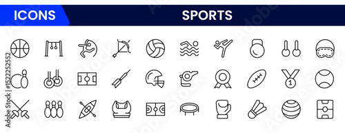 Energetic vector web line icons depicting sports equipment, activities, fitness, competition, and dynamic athletic performance for enthusiasts.