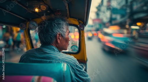 Asian tourist enjoying a tuk tuk ride in Bangkok, side profile with dynamic street blur and ample copy space