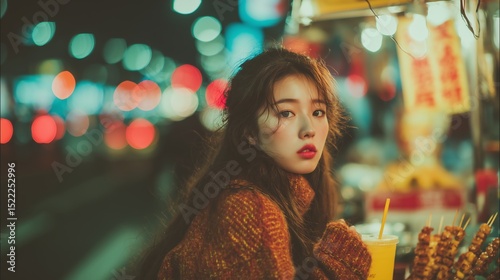 Asian woman enjoying night market skewers with neon lights bokeh background