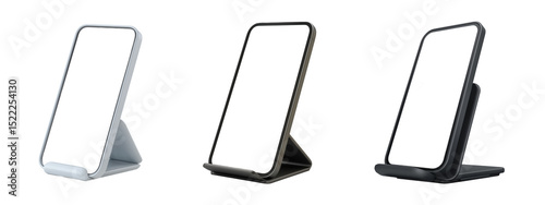 3D render of foldable phone stands in sleek dark tones, ideal for workspace setups on transparent background