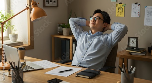 A person takes a break at a desk, reflecting with ease