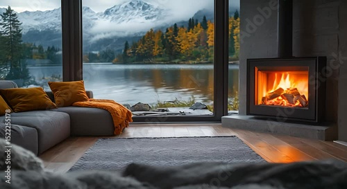 Cozy living room with fireplace and breathtaking lake and mountain view.