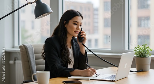 A professional business woman working at her desk and speaking on the phone in a modern office setting. She's taking notes while working on her laptop, showcasing productivity.