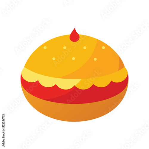 Cute cartoon styled pie illustration with red topping on white background