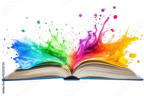 Colorful book with paint splashes png, open book with rainbow colors, illustration, design element, isolated on transparent background