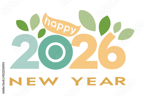 Nature-Inspired Happy New Year 2026 Graphic | Minimalist Eco Design with Leaves on White Background.