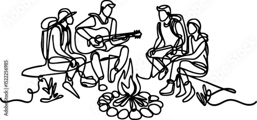 Group of friends sitting around campfire while one plays guitar  