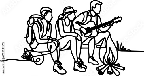 Three campers enjoying music by the campfire in nature  