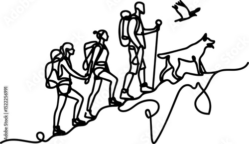 Hiking group with dog ascending a hill in outline style  