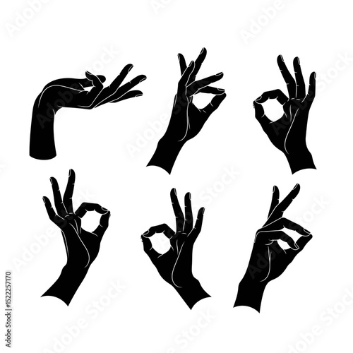 A collection of black and white hand gestures displaying okay signs and open hand positions isolated