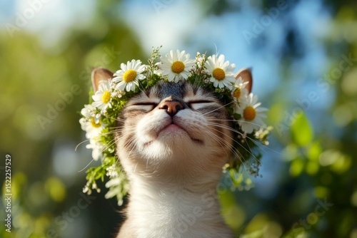 Warm season happiness. Sunny daylight. Cute adult cat devon rex wearing primal flower crown on its head. Happy cat in a flower field. Floral aesthetics for cats. Bohemian summer dream for pet.