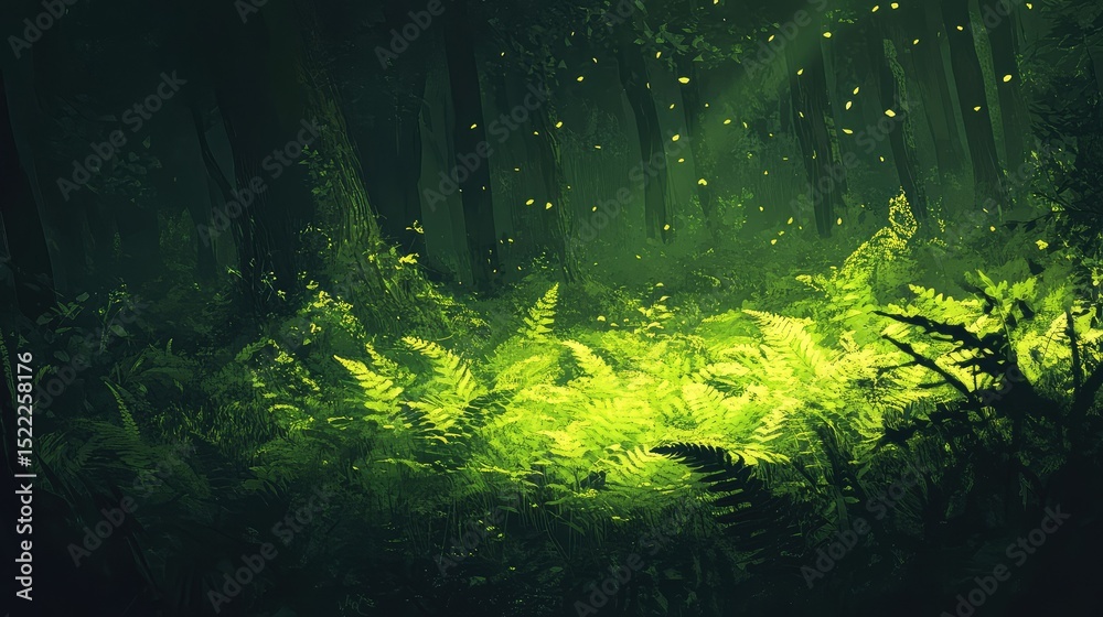 Naklejka premium Lush Green Forest Scene with Ferns and Sunlight Filtering Through Trees, Creating a Serene and Mystical Atmosphere in Nature