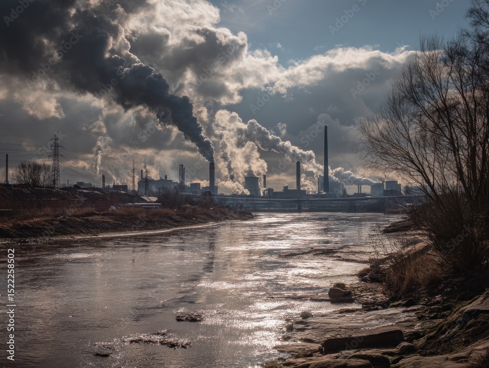 Fototapeta premium Industrial pollution over a river