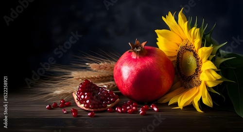 still life o natura morta con melograno, girasole e spighe di grano: simbolo di fortuna abbondanza e benessere photo