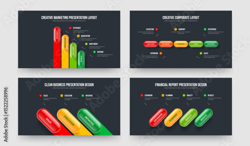 Product Planning Four Five Three Four Option Diagram Presentation Layout Vector Illustration Bundle. Project Insight 4 5 3 4 Element Infographic Slideshow Design Collection.