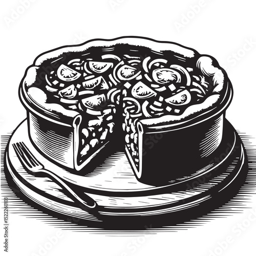 Savory Pie or Quiche with Sliced Vegetables and Fork