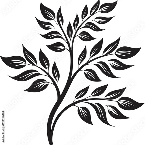 Elegant Plant Silhouette Icon – Stylized Stem with Veined Leaves in Black Vector Design