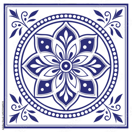Blue and White Porcelain Tile Seamless Pattern – Intricate Floral & Geometric Delftware-Inspired Design