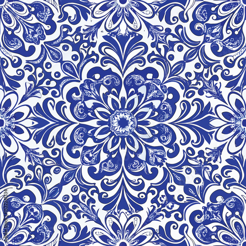Blue and White Porcelain Tile Seamless Pattern – Intricate Floral & Geometric Delftware-Inspired Design
