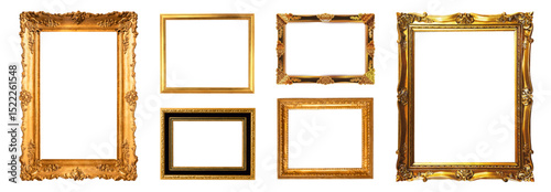 A collection of luxurious vintage golden frames with ornate baroque and rococo designs. Perfect for photo decoration, art presentation, certificates, wedding invitations, and classic interior design.