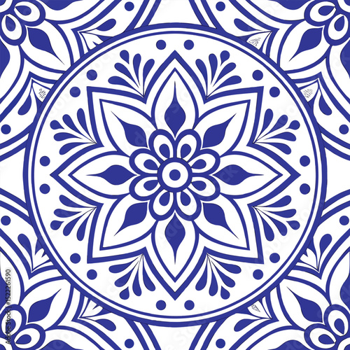 Blue and White Porcelain Tile Seamless Pattern – Intricate Floral & Geometric Delftware-Inspired Design