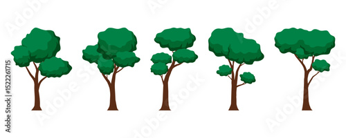 set of vector green trees, nature cartoon forest clip art.