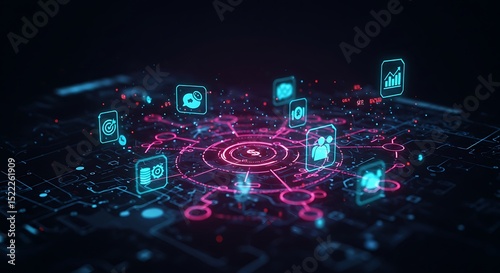 Digital Network Interconnected Icons and Data Streams Visualized