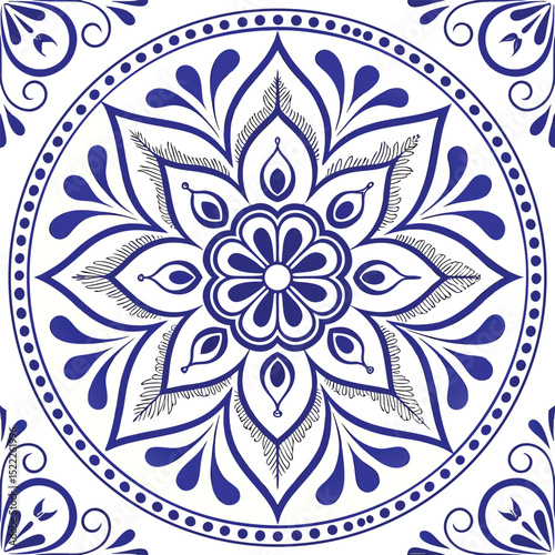 Blue and White Porcelain Tile Seamless Pattern – Intricate Floral & Geometric Delftware-Inspired Design