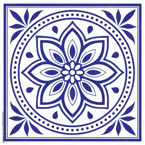 Blue and White Porcelain Tile Seamless Pattern – Intricate Floral & Geometric Delftware-Inspired Design