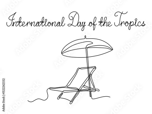 International Day of the Tropics. Abstract Sun lounger with sun umbrella, continuous single line art hand drawing sketch logo