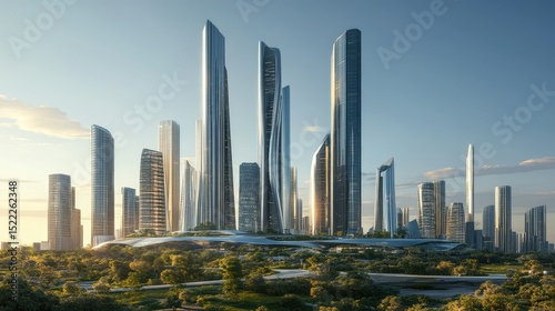 Futuristic cityscape featuring sleek skyscrapers and modern architecture surrounded by lush greenery in a vibrant urban environment during sunrise