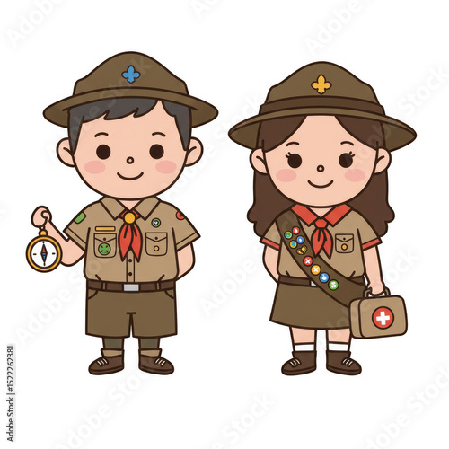 Illustration of Two Happy Scouts Wearing Uniforms Holding Compass and First Aid