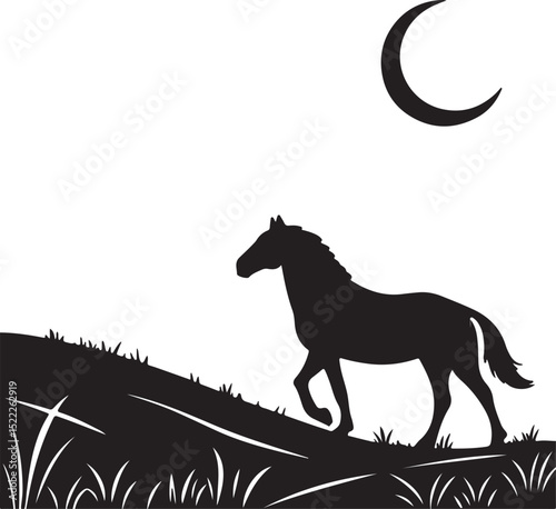 Horse silhouette filled with a moonlit scene featuring a crescent moon, flat vector layout with soft night mood and simple silhouetted design